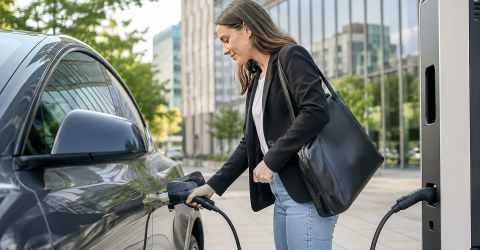 Vrouw staat voor een kantoor gebouw en laad haar elektrische auto op aan een laadpaal